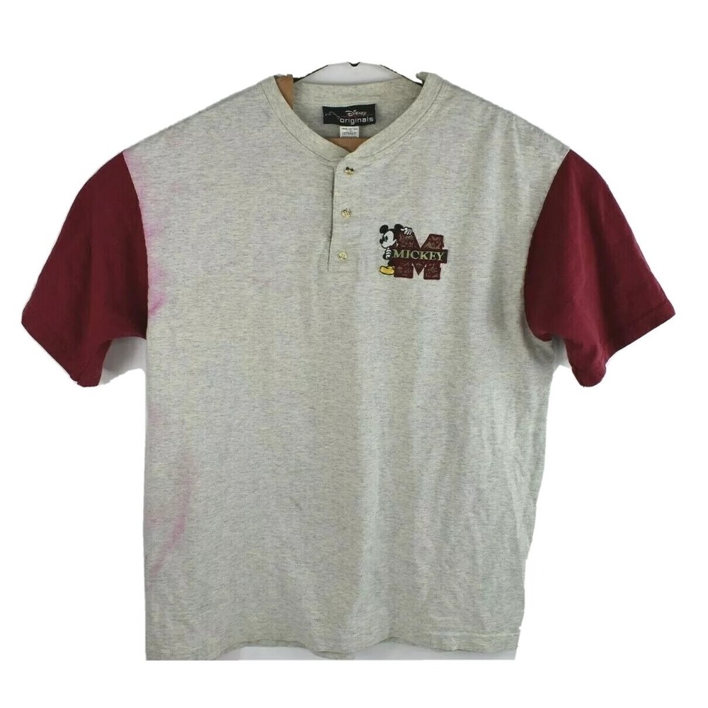 Disney Originals Shirt Mens XL Gray‎ Maroon Mickey Henley Vintage 90s Parks